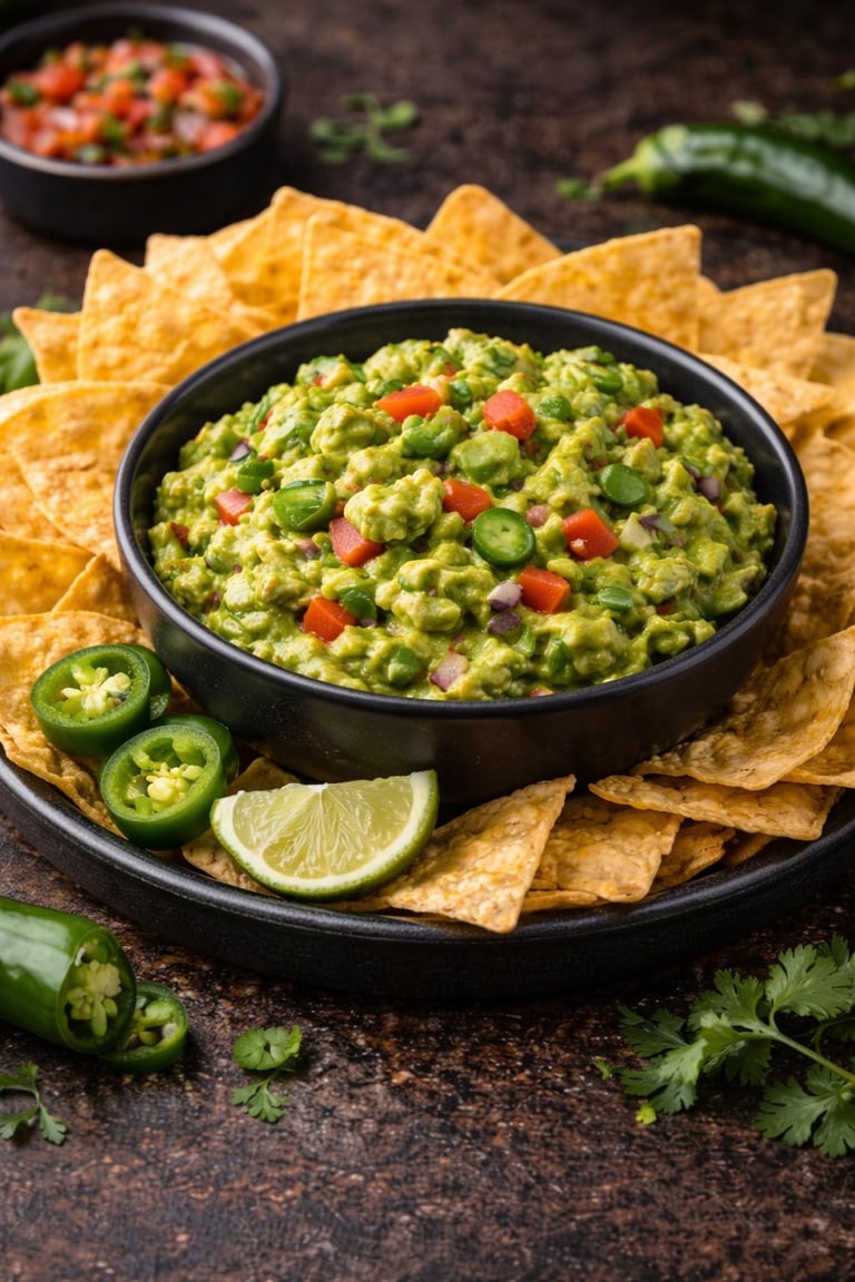Guacamole dip in black bowl surrounded by tortilla chips, jalapeño slices, and lime wedges on dark surface