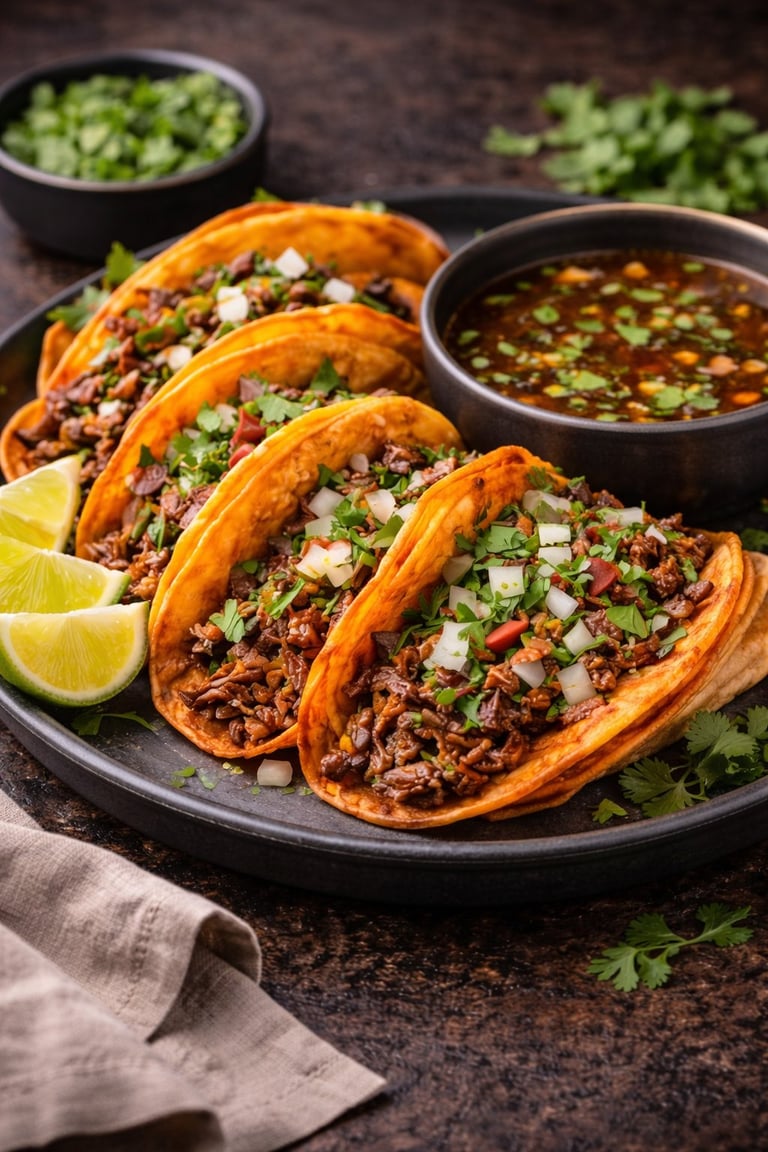 Three crispy sweet potato tacos filled with shredded meat, topped with diced onions and cilantro, served with lime and salsa on a black plate