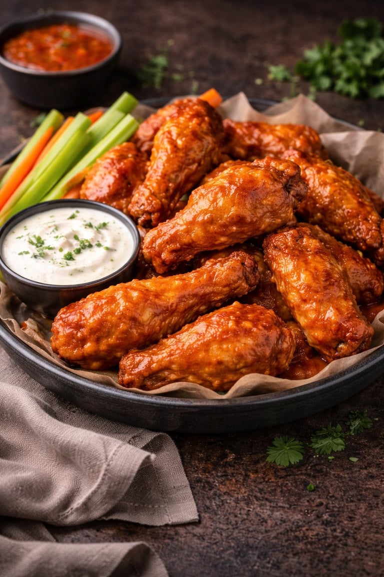 Crispy buffalo chicken wings on parchment paper with celery sticks, ranch dip, and hot sauce on a dark plate