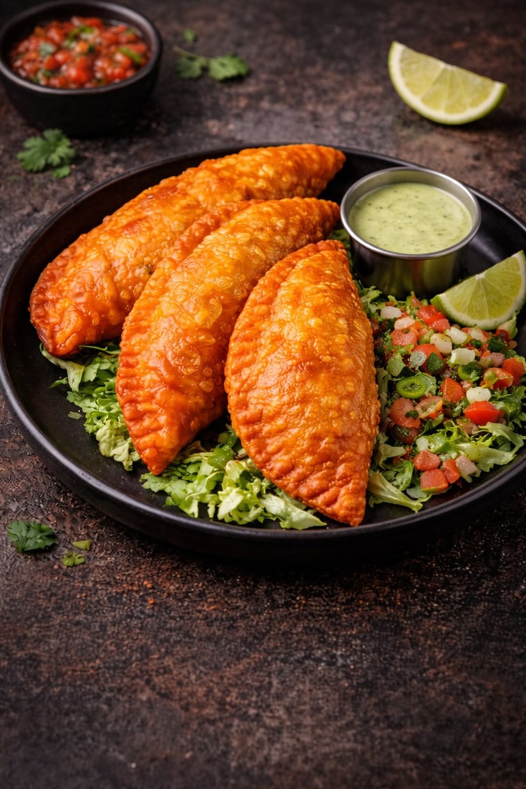 Three golden fried empanadas on a black plate with green sauce, shredded lettuce, pico de gallo, and lime wedge on dark surface